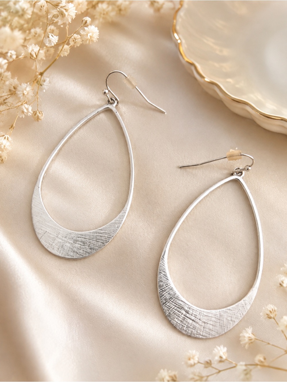 Silver Teardrop Textured Dangle Earrings - Women Jewelry